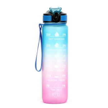 Eleglide GF-1202 32oz Motivational Water Bottle with Time Markers, Straw, Strap - Blue & Pink