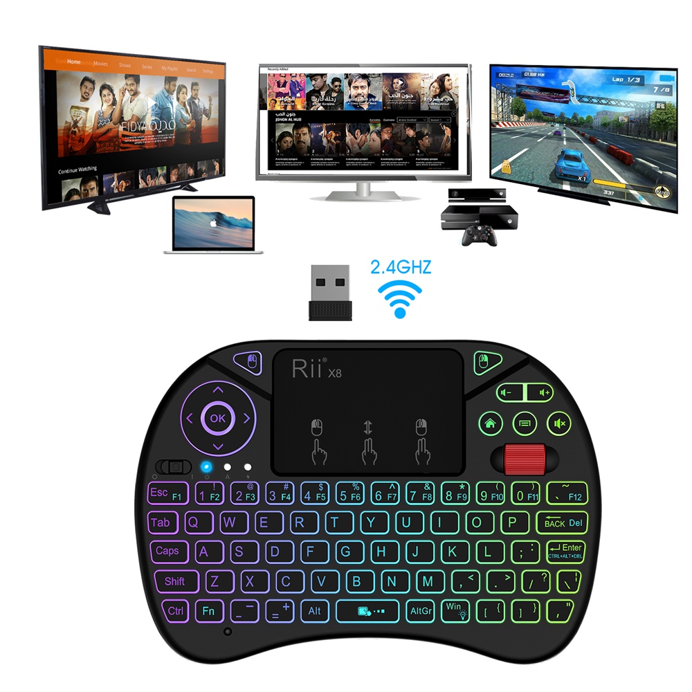 Rii X8 RGB Backlight 2.4G Mini Wireless QWERTY Keyboard Touchpad Combo with Multi Touch & Scroll Wheel