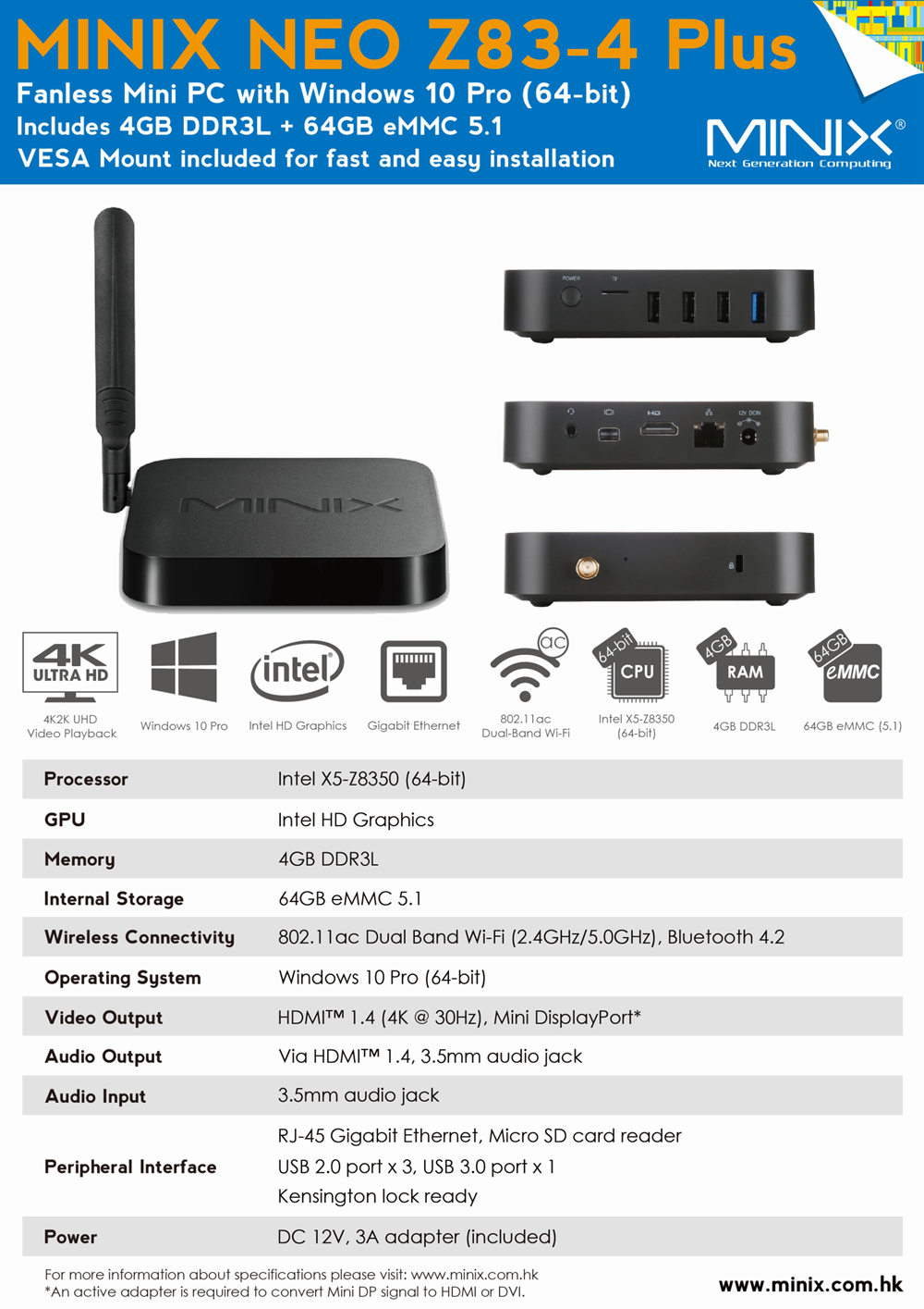 MINIX NEO Z83-4 Plus Intel  Windows10 4GB/64GB Fanless Mini PC Dual Band WiFi Gigabit LAN USB3.0 HDMI + MINI DP
