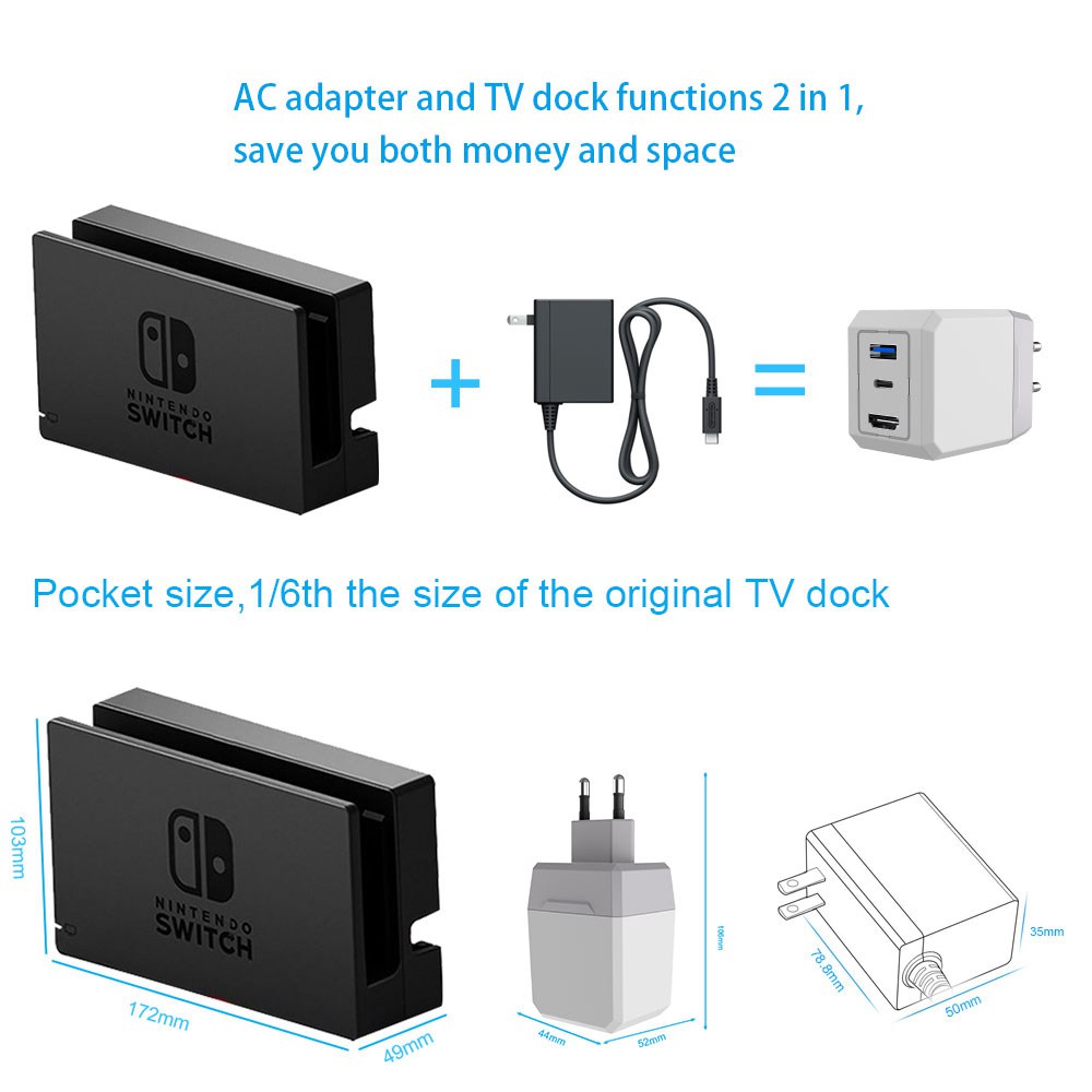2 in 1 1080P HDMI Type C to HDMI Hub EU Adapter for Switch