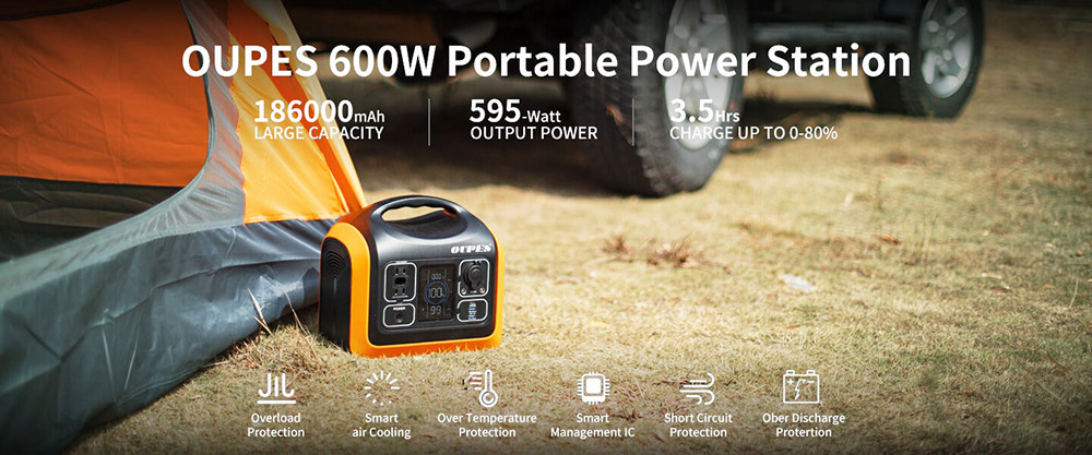 OUPES Portable Power Station 600W 592Wh Solar Generator Solar/USB-C/Car Socket/Wall Outlet/USB-C+Wall Outlet Recharge