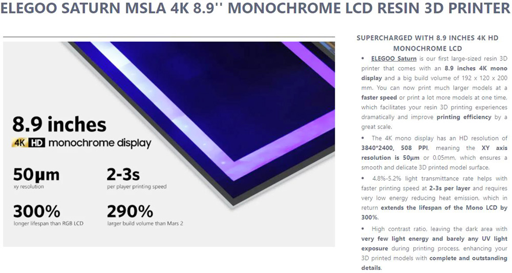 ELEGOO Saturn S MSLA Resin 3D Printer 4K Monochrome LCD Matrix UV LED Light Source Fast Printing 196mmx122mmx210m