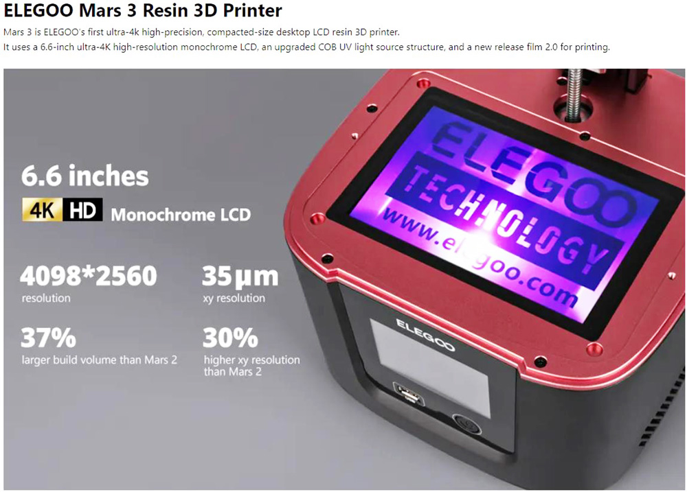 ELEGOO Mars 3 MSLA Resin 3D Printer 6.66 inches Ultra 4K Monochrome LCD 89.6x143.36x175mm