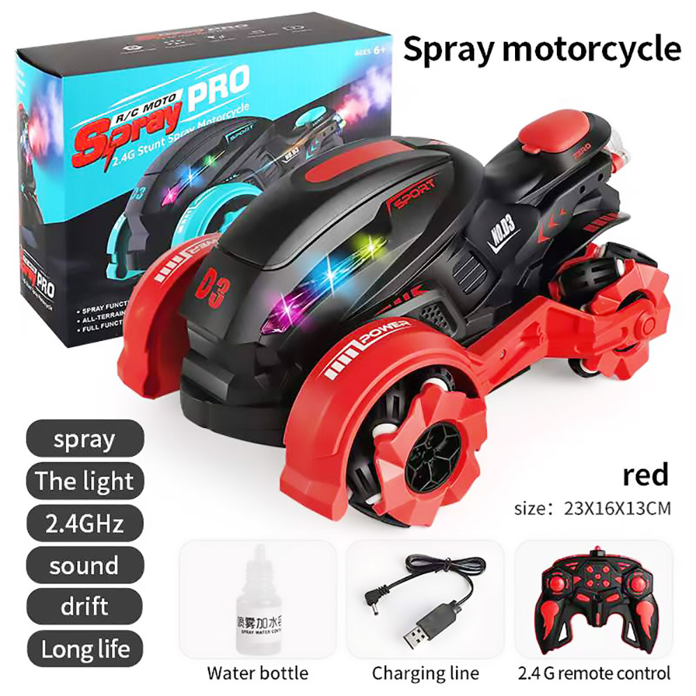 JJRC 829 2.4GHZ 4WD All-Terrain Tire Drift RC Spray Motorcycle with Cool Light & Sound 15km/h - Red