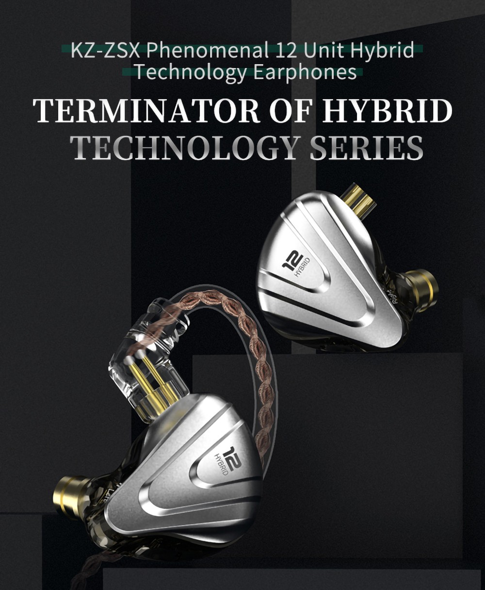 KZ ZSX Terminator Metal In Ear Earphones 12 Units Hybrid 5BA+1DD HIFI Bass Wired Earbuds with Mic- Black
