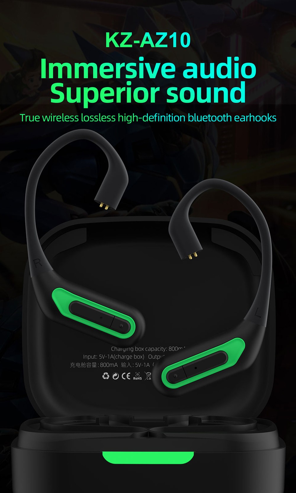 KZ AZ10 Upgrade Wireless Bluetooth Module 5.2 Ear Hook for HiFi Headset for Sports Noise Cancelling - Black