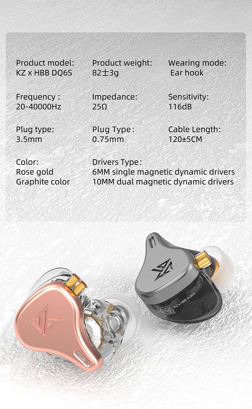 KZ DQ6S Metal Wired Earphones In-Ear Noice Cancelling Sport HiFi with Mic - Black