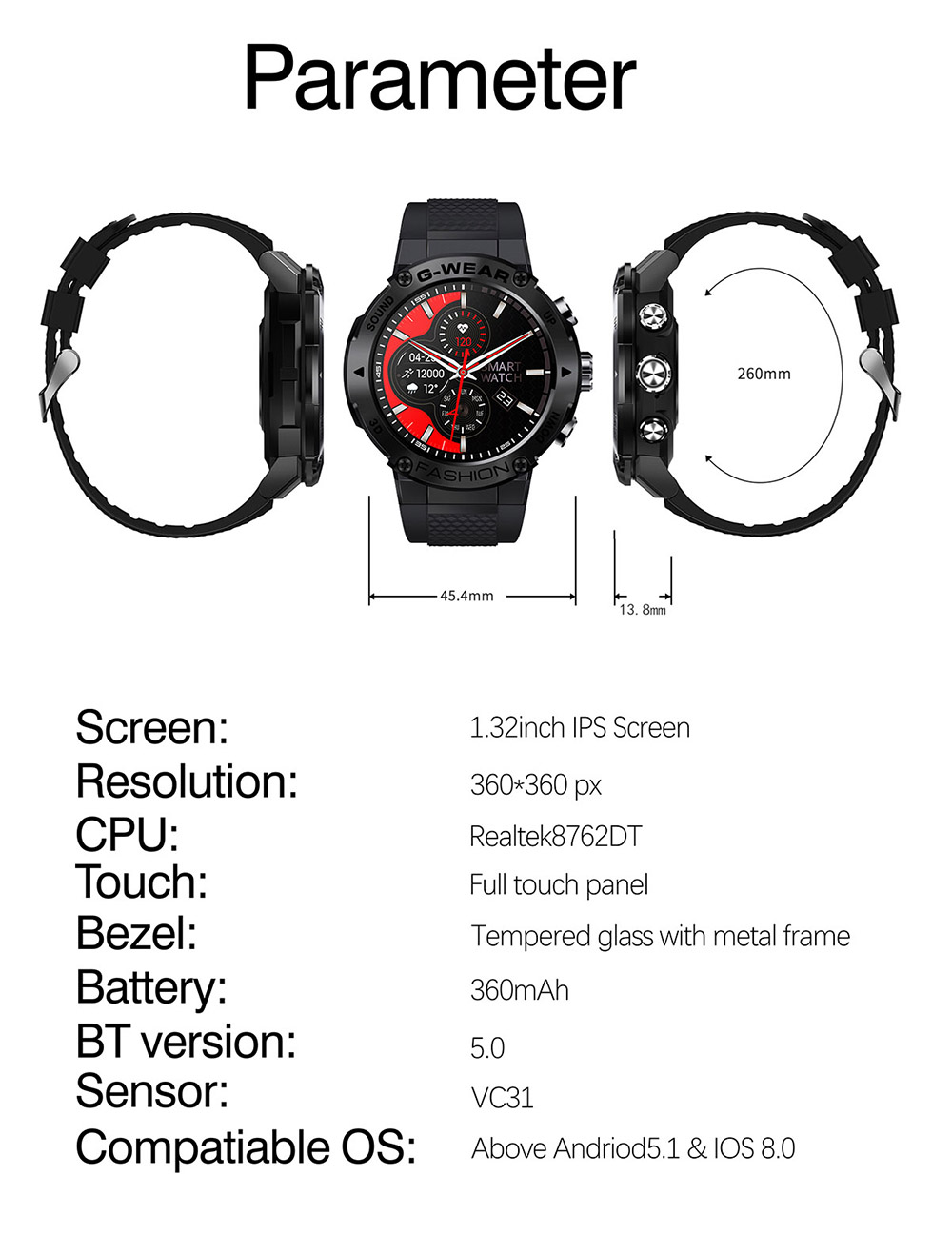 LEMFO K28H Smartwatch 1.32-inch IPS Clear Full-Touch Screen Men Watch with BT Call - Black
