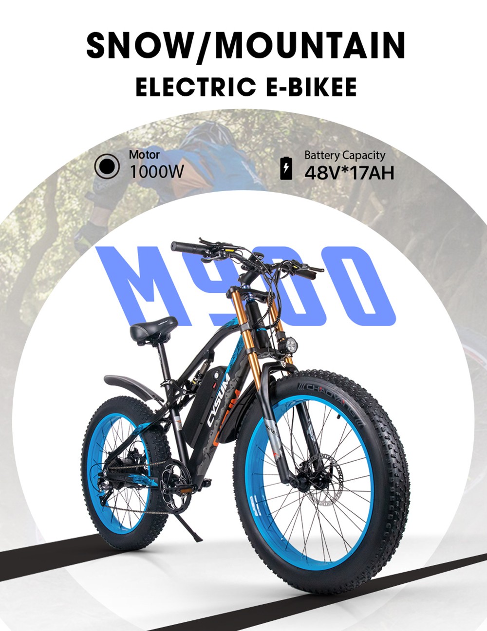 CYSUM M900 Fat Tire Electric Bike 48V 1000W Brushless Gear Motor 17Ah Removable Battery for 50-70 Range - Pure-Black