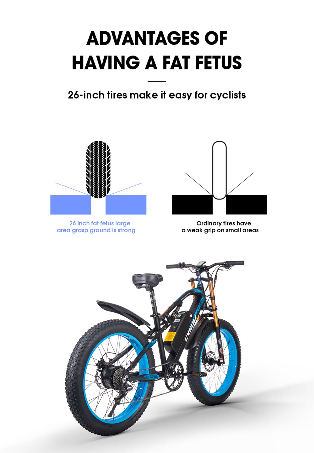 CYSUM M900 Fat Tire Electric Bike 48V 1000W Brushless Gear Motor 17Ah Removable Battery for 50-70 Range - Pure-Black
