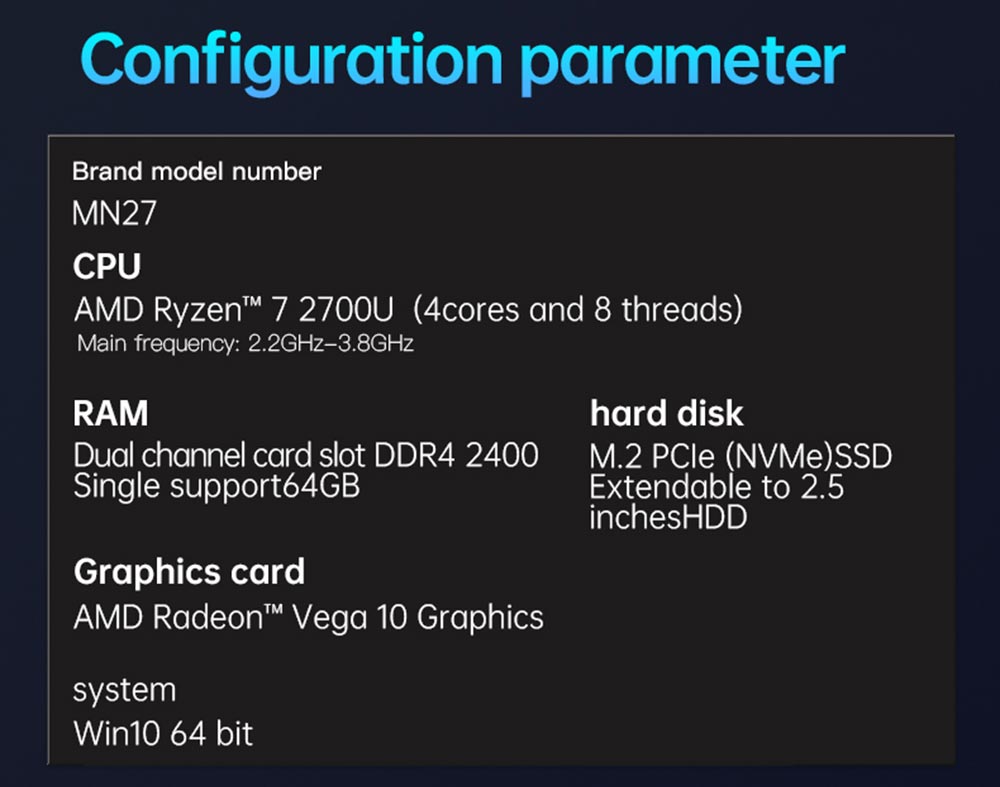 T-bao MN27 AMD Ryzen™ 7 2700U 4 Cores 8 Threads 8GB RAM DDR4 128GB ROM Windows 10 Mini PC RJ45 Up to 1000M WiFi BT