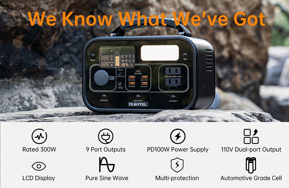 Oukitel P301 280.8Wh Portable Power Station PD10OW Power Supply with 9 Port Outputs Pure Sine Wave LCD Display