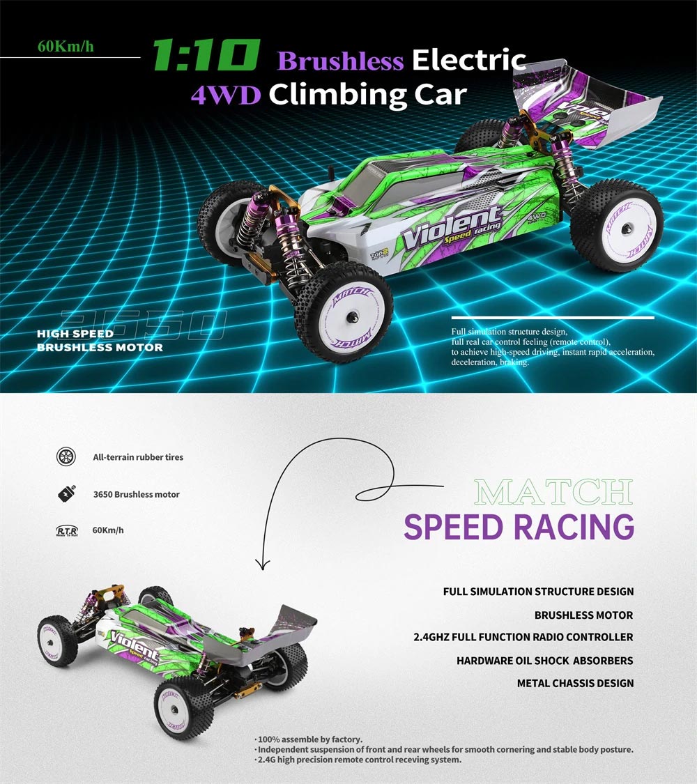 Wltoys 104002 1/10 2.4G 4WD RC Car Off-road Brushless Motor Max Speed 60km/h - One Battery