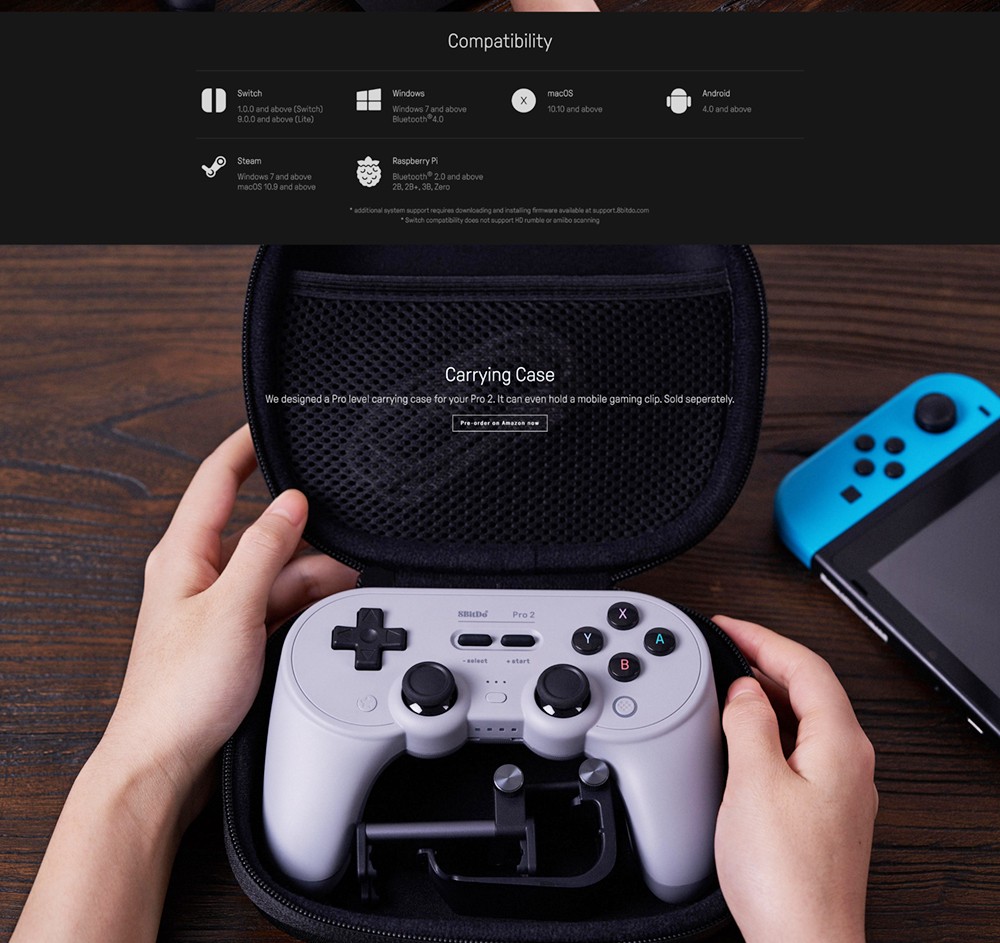 8BitDo Pro 2 Bluetooth Gamepad Controller with Joystick for Nintendo Switch, PC, macOS, Android, Steam & Raspberry Pi - Grey