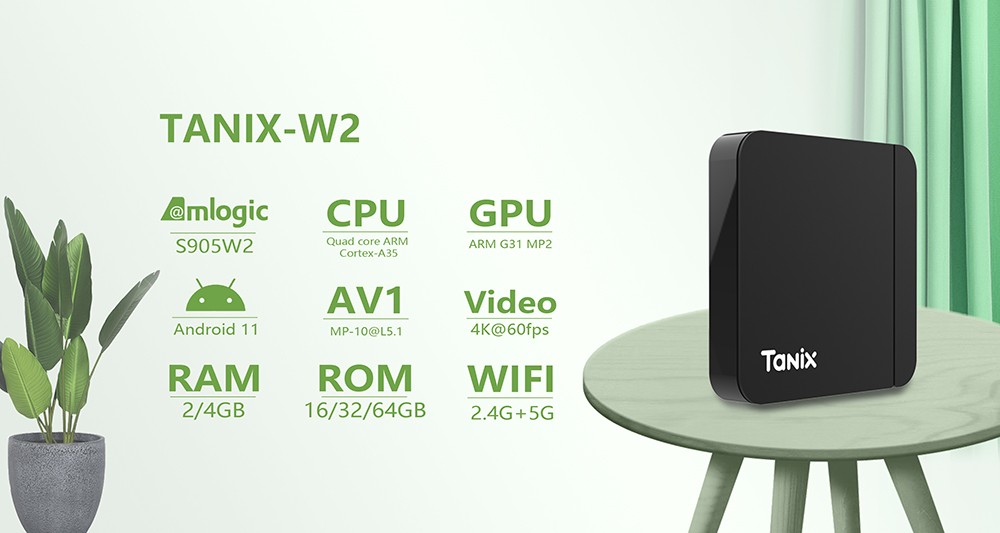 TANIX W2 TV BOX Android 11 Amlogic S905W2 Quad Core ARM Cortex A53 2GB DDR4 RAM 16GB ROM 2.4G+5G WiFi BT 4K - EU Plug