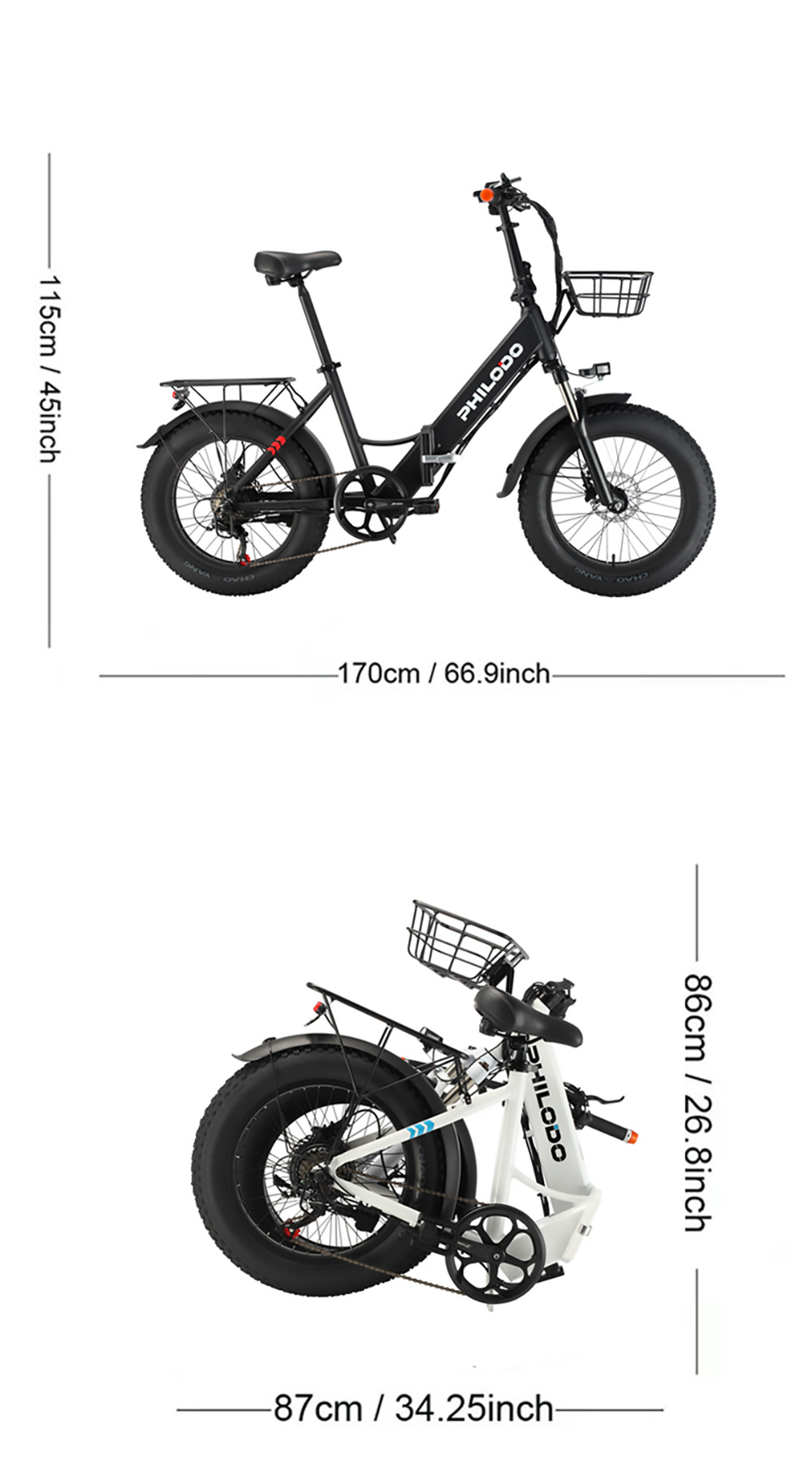 PHILODO H4 Foldable Step-Thru Fat Bike 20 Inch 48V 13Ah Removable Battery 250W Motor 25km/h Dual Brakes - White
