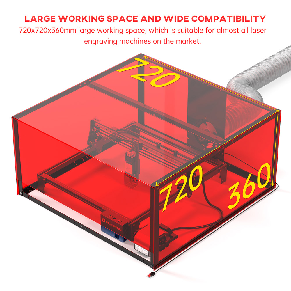 SCULPFUN 720x720x360mm Laser Engraving Machine Enclosure, Smoke Exhaust Box - Red