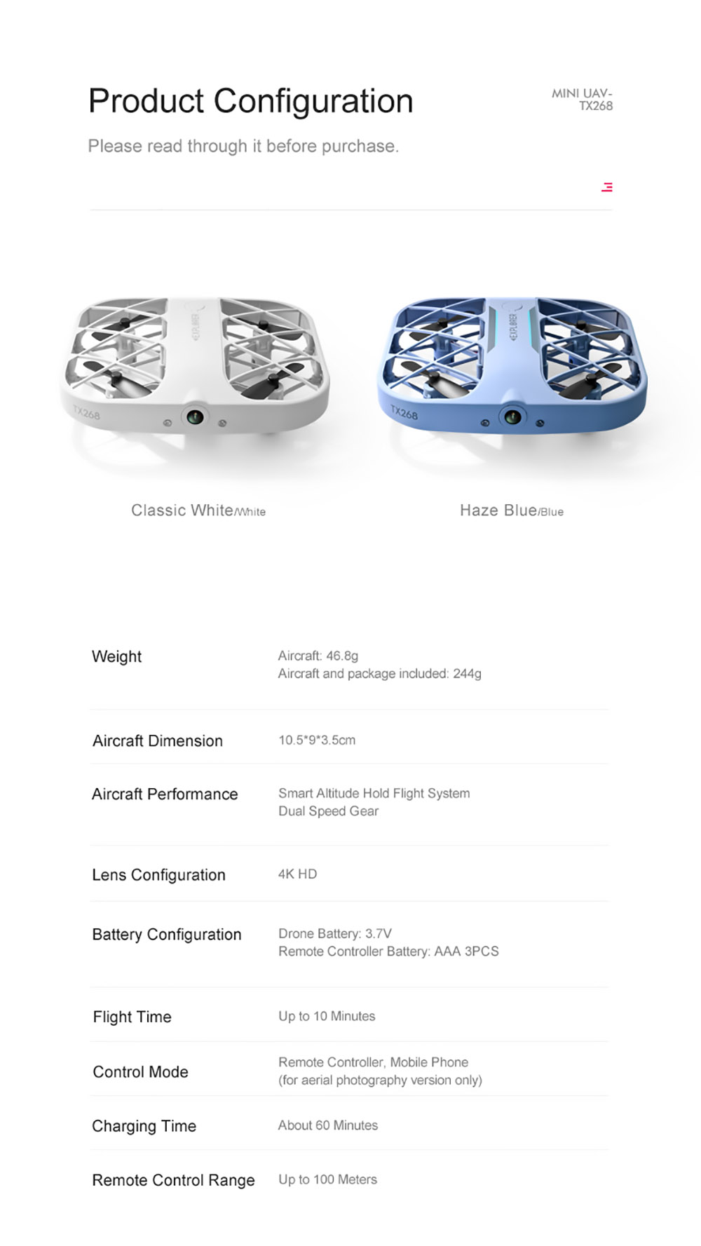 JJRC H107 Mini RC Drone Dual Speed Headless Altitude Hold Mode White without Camera Blue - 1 Battery