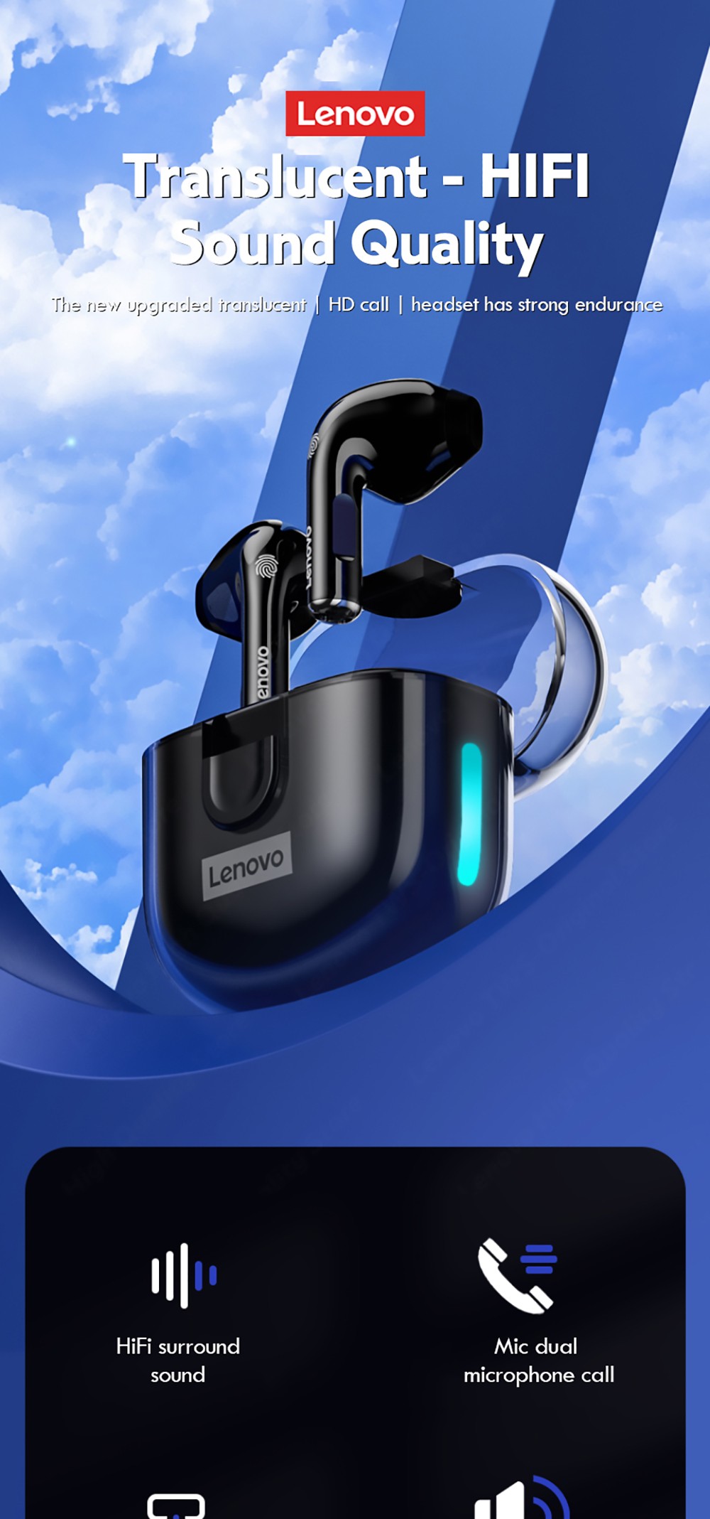 Lenovo Thinkplus LP12 TWS Headphones HiFi Stereo Touch Bluetooth Earphone Noise Canceling Earbuds With Dual Mic - Black