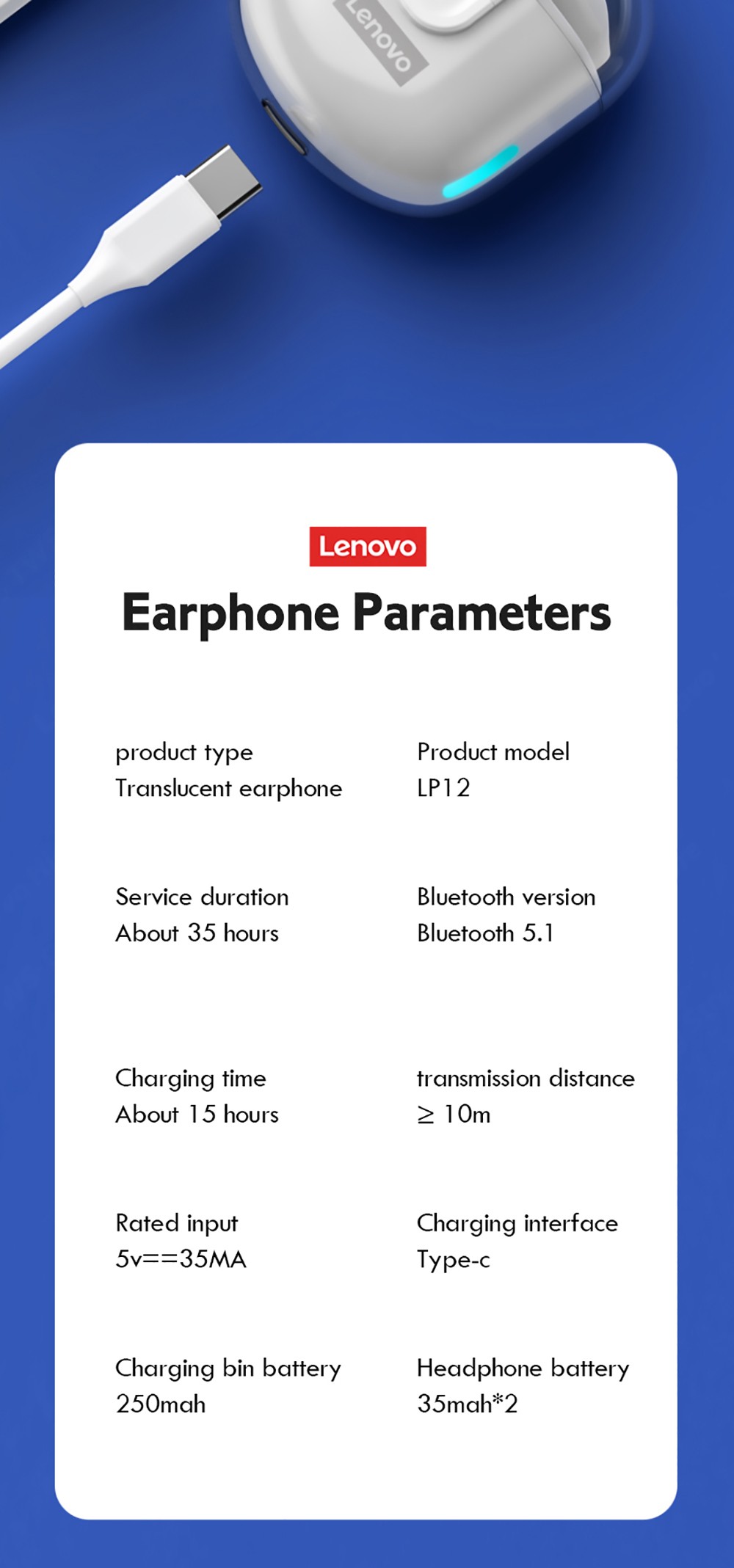 Lenovo Thinkplus LP12 TWS Headphones HiFi Stereo Touch Bluetooth Earphone Noise Canceling Earbuds With Dual Mic - Black