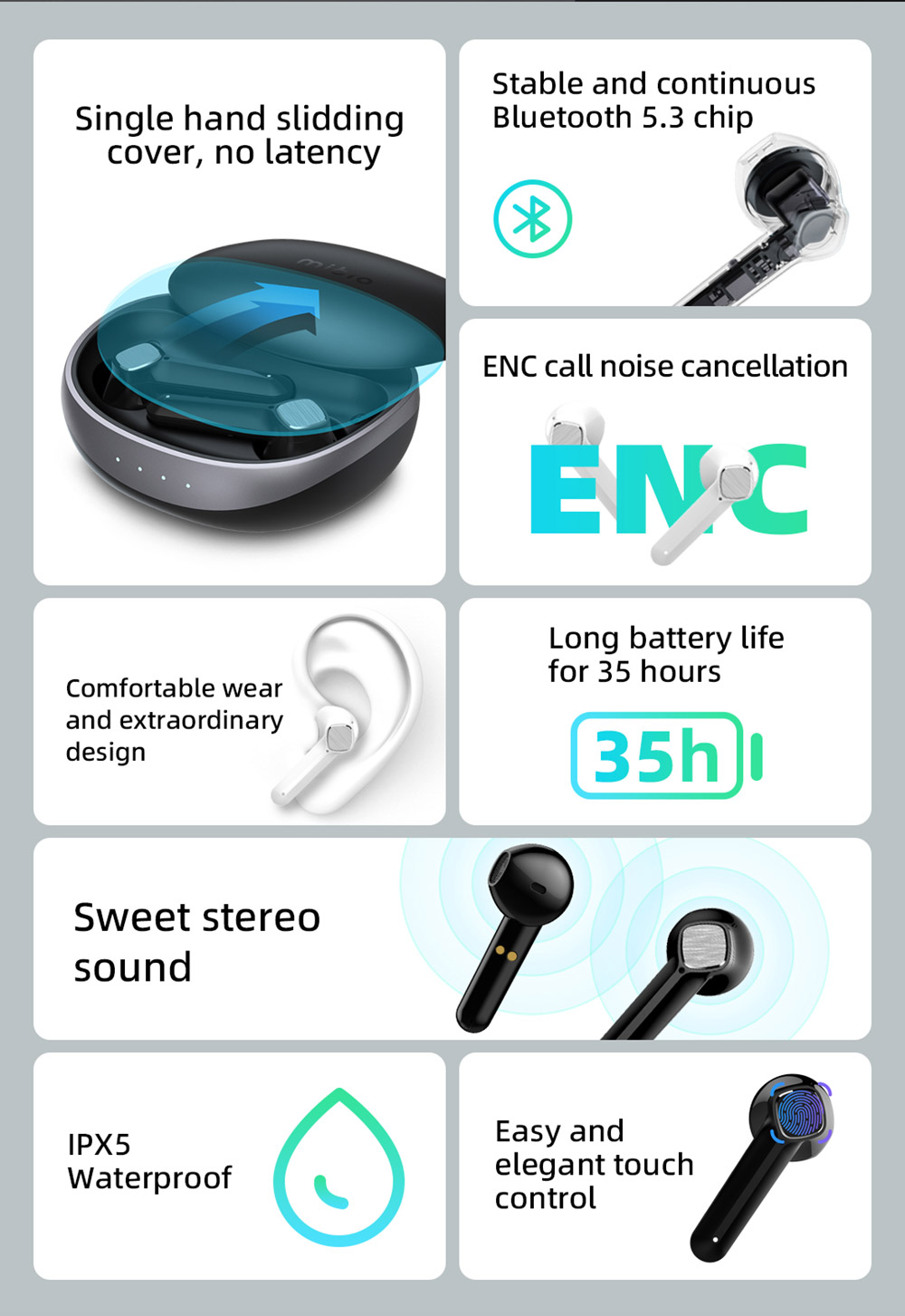Mibro S1 TWS Headphones Stereo BT5.3 600mAh Long Battery Life ENC Call Noise Cancellation Touch Control - Black