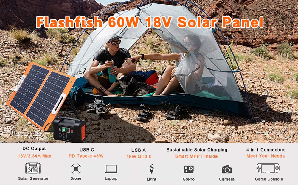 Flashfish TSP18V 60W Foldable Solar Panel, Portable Solar Charger with DC Outputs, 2 USB Outputs