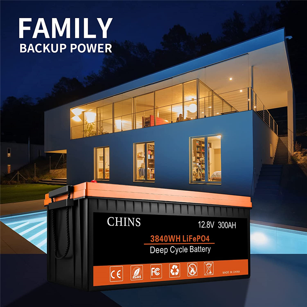 CHINS 12V 300Ah LiFePO4 Lithium Battery, Built-in 200A BMS, 3840Wh Power Capacity for RV Caravan Solar Off-Grid