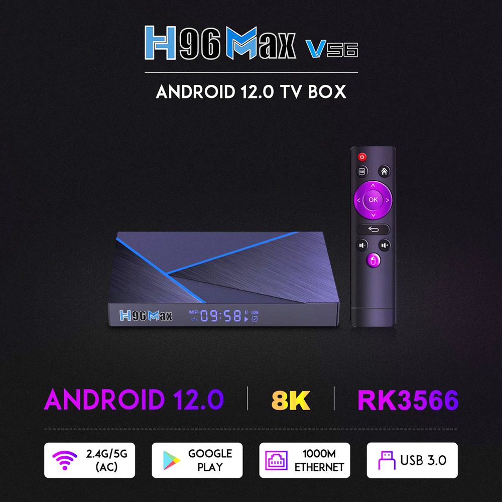 H96 MAX V56 Android 12 RK3566 8GB/64GB TV BOX 1.8GHz 2.4G+5G WIFI Gigabit LAN 8K Decode - EU Plug