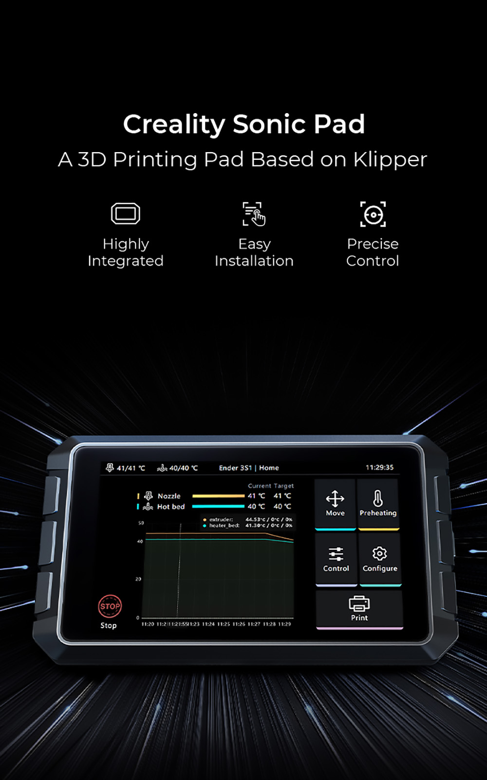 Creality Sonic Pad, Open Source 3D Printing Pad Based on Klipper, 7-inch Precise Control Screen, 1024x600 Resolution, 64-bit Mainboard - Black