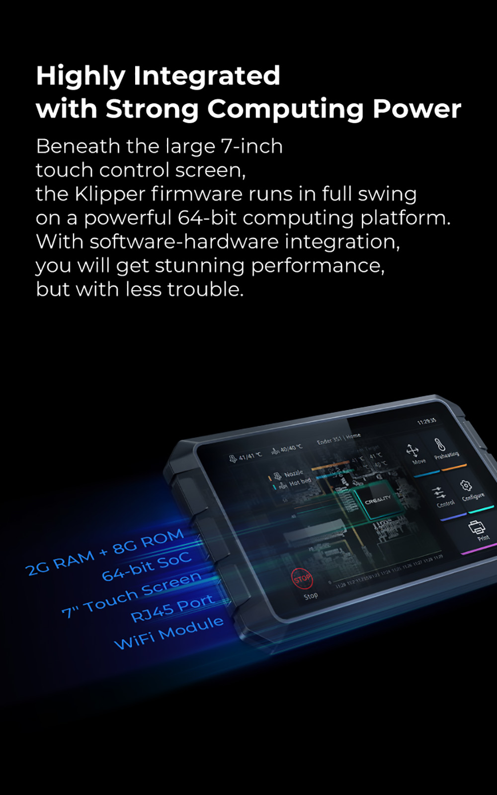 Creality Sonic Pad, Open Source 3D Printing Pad Based on Klipper, 7-inch Precise Control Screen, 1024x600 Resolution, 64-bit Mainboard - Black