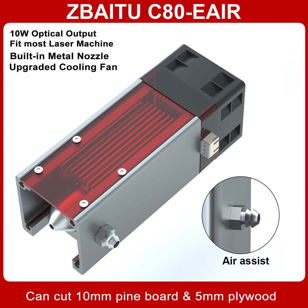ZBAITU C80-EAIR 10W Laser Module with Air Assist, Fixed-focus, 0.08x0.08mm Spot, Eye Protection, Single Fan