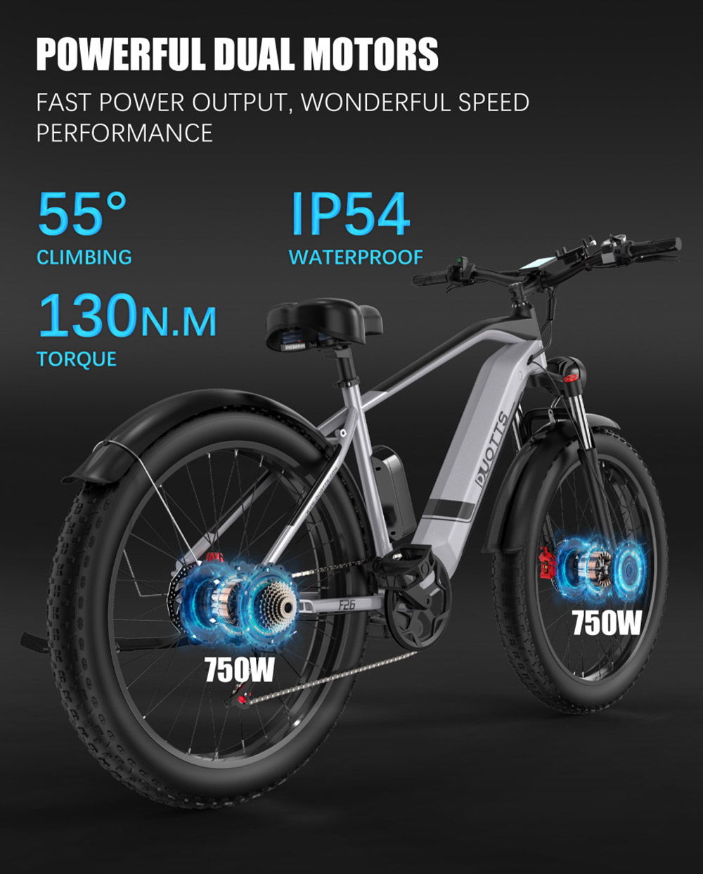 DUOTTS F26 Electric Bike 750W*2 Dual Motors LG 20Ah Battery 26*4.0 Fat Tire 55km/h Max Speed 55 Degree Climbing - Silver