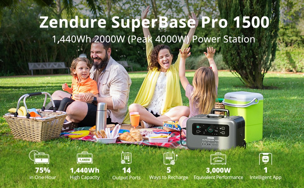 ZENDURE SuperBase Pro 1500 Portable Power Station, 1440Wh LiFePo4 Battery, 2000W Output, 14 Outputs, Charge to 75% in 1 Hour, 4G IoT & App Control, 6.1inch Display - US Plug