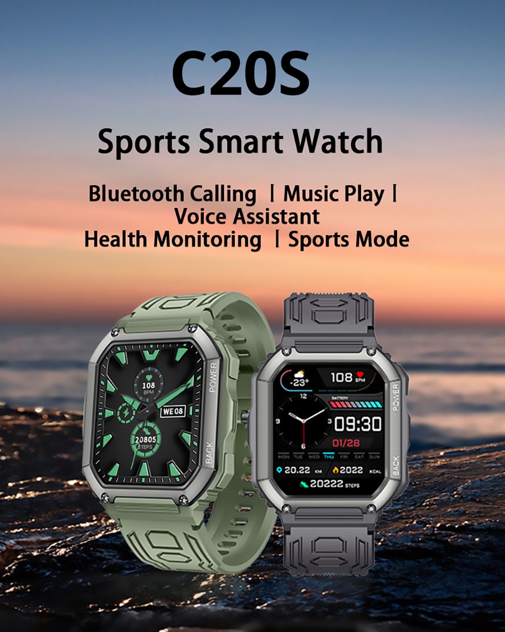 SENBONO C20S Smartwatch 1.8'' Screen BT5.0 GPS Voice Assistant Heart Rate, Blood Pressure, SpO2 Monitor - Black
