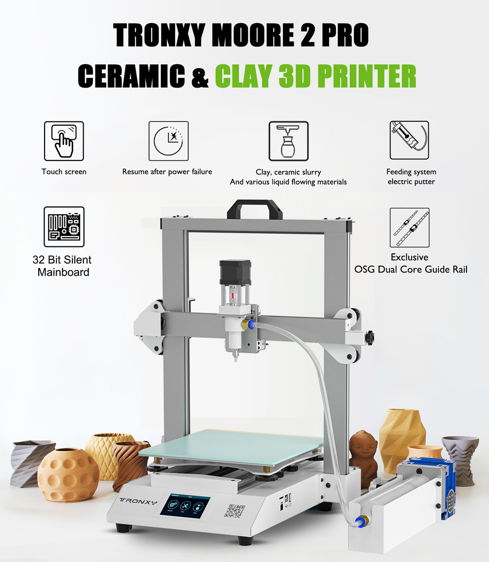 TRONXY Moore 2 Pro Ceramic Clay 3D Printer with Feeding System Electric Putter, LDM Extruder, 40mm/s Print Speed, 32-Bit Silent Mainboard, 255x255x260mm