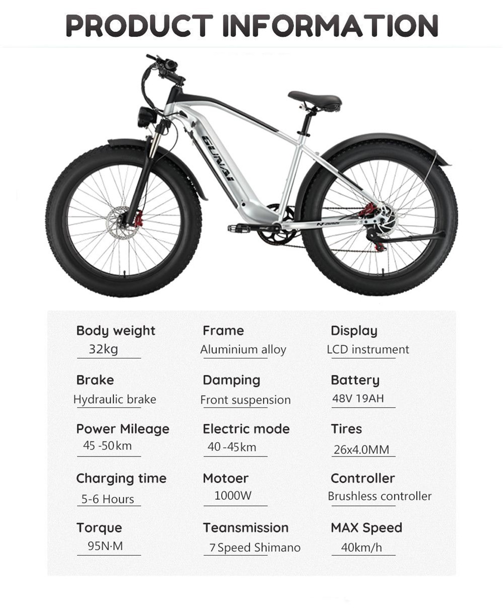 GUNAI MX05 26*4.0 Inch Fat Tire Electric Moped Bike 1000W Motor 48V 19Ah Battery 45Km/h Max Speed Shimano Gear 150KG Load Mountain Bicycle
